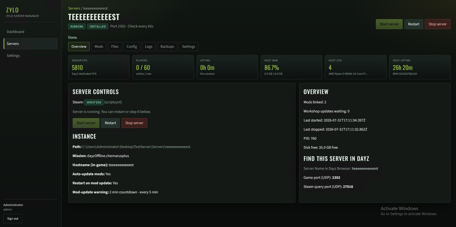 Zylo Server Manager — server controls