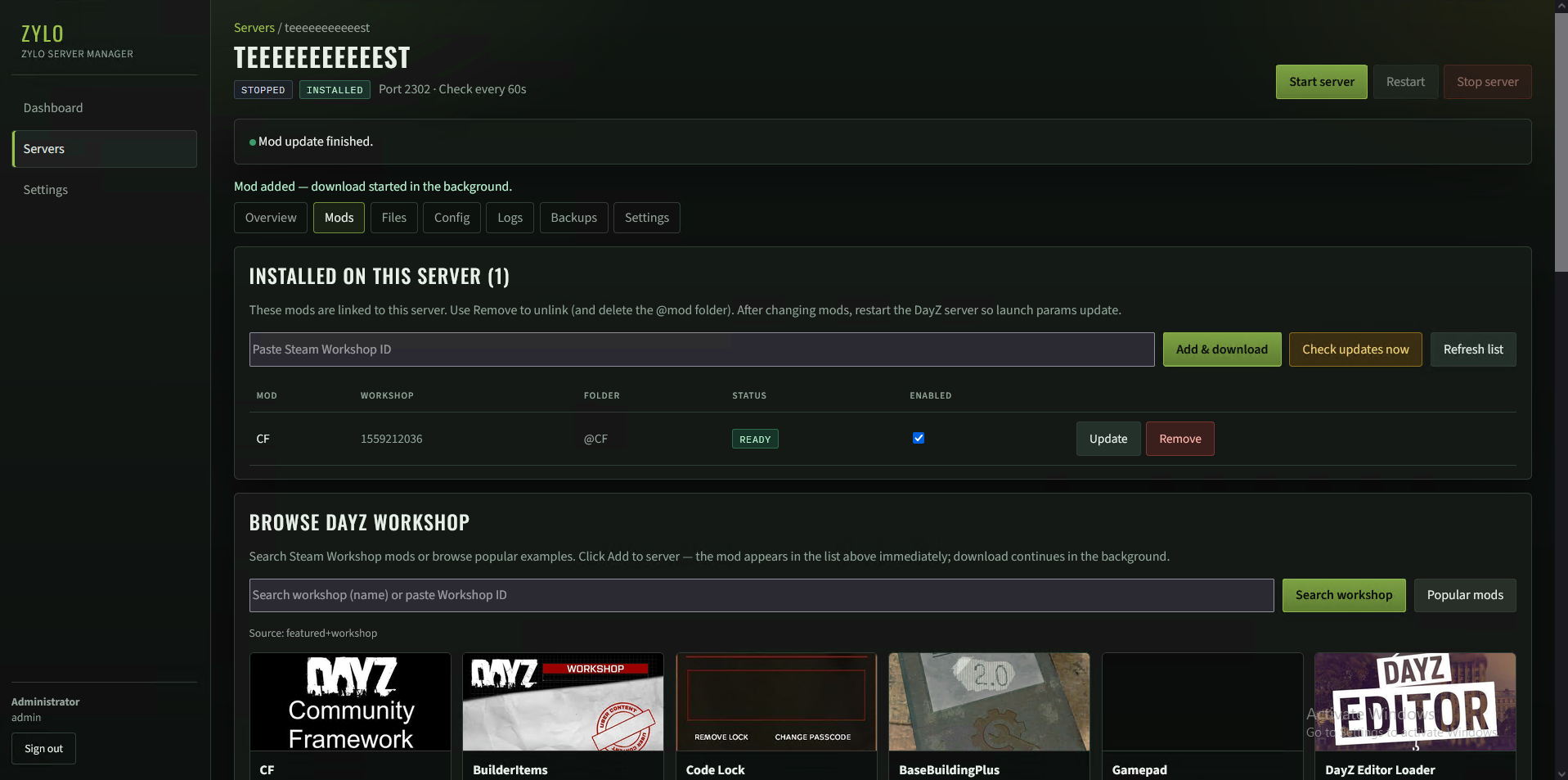 Zylo Server Manager — workshop mods