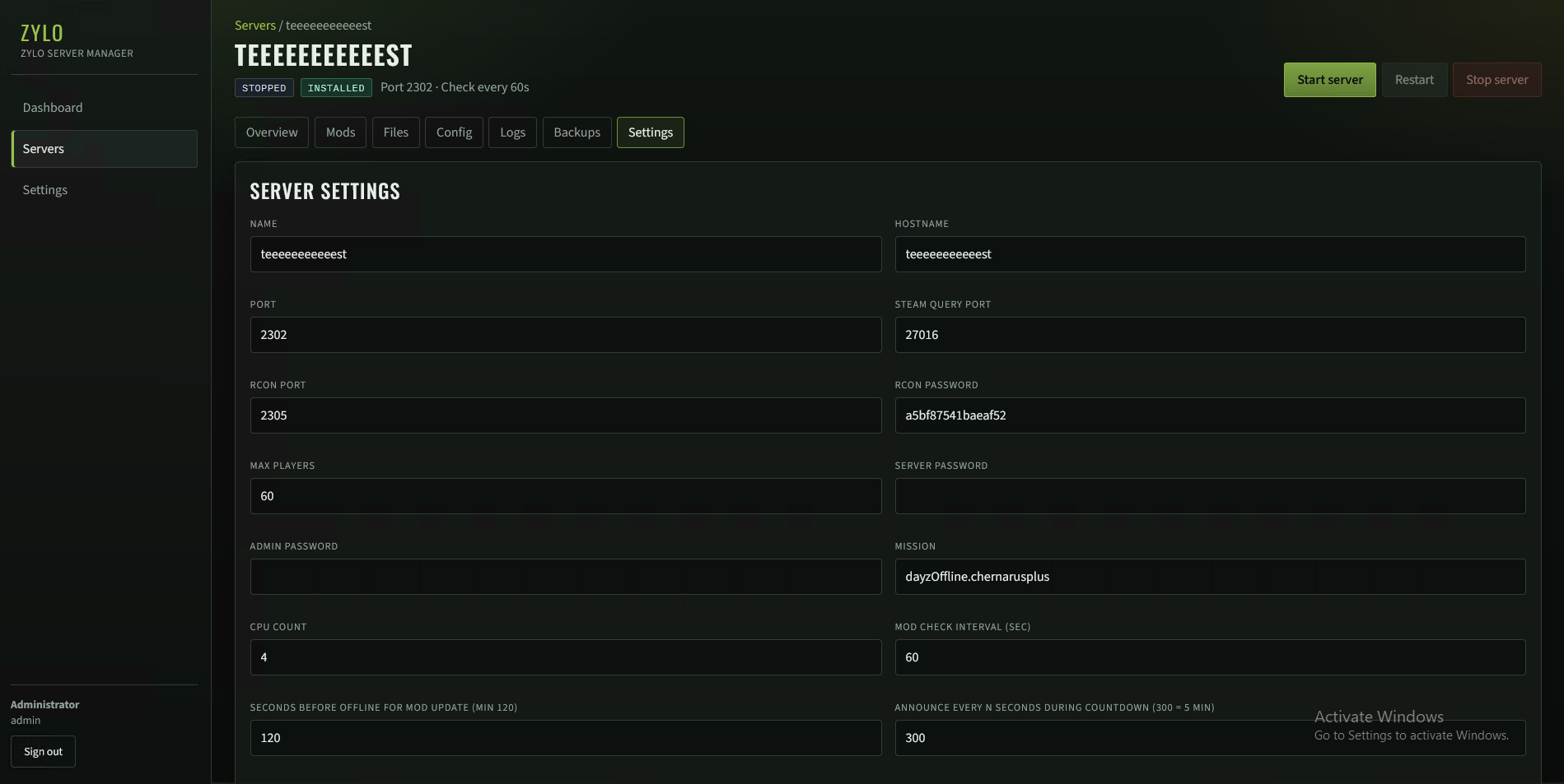 Zylo Server Manager — settings and Steam login